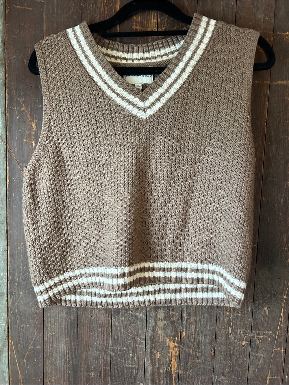 Sleeveless V-Neck Knit Vest in Taupe with Cream Stripe